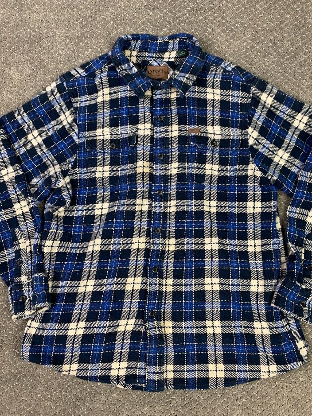 Orvis Flannel Shirt Jacket Shacket Mens Large Fits like Medium Blue White Plaid